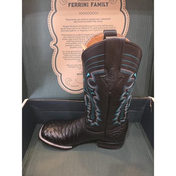 Ferrini mens cowboy Quail Ostrich Exotic Genuine Leather black square toe Boots main image 8